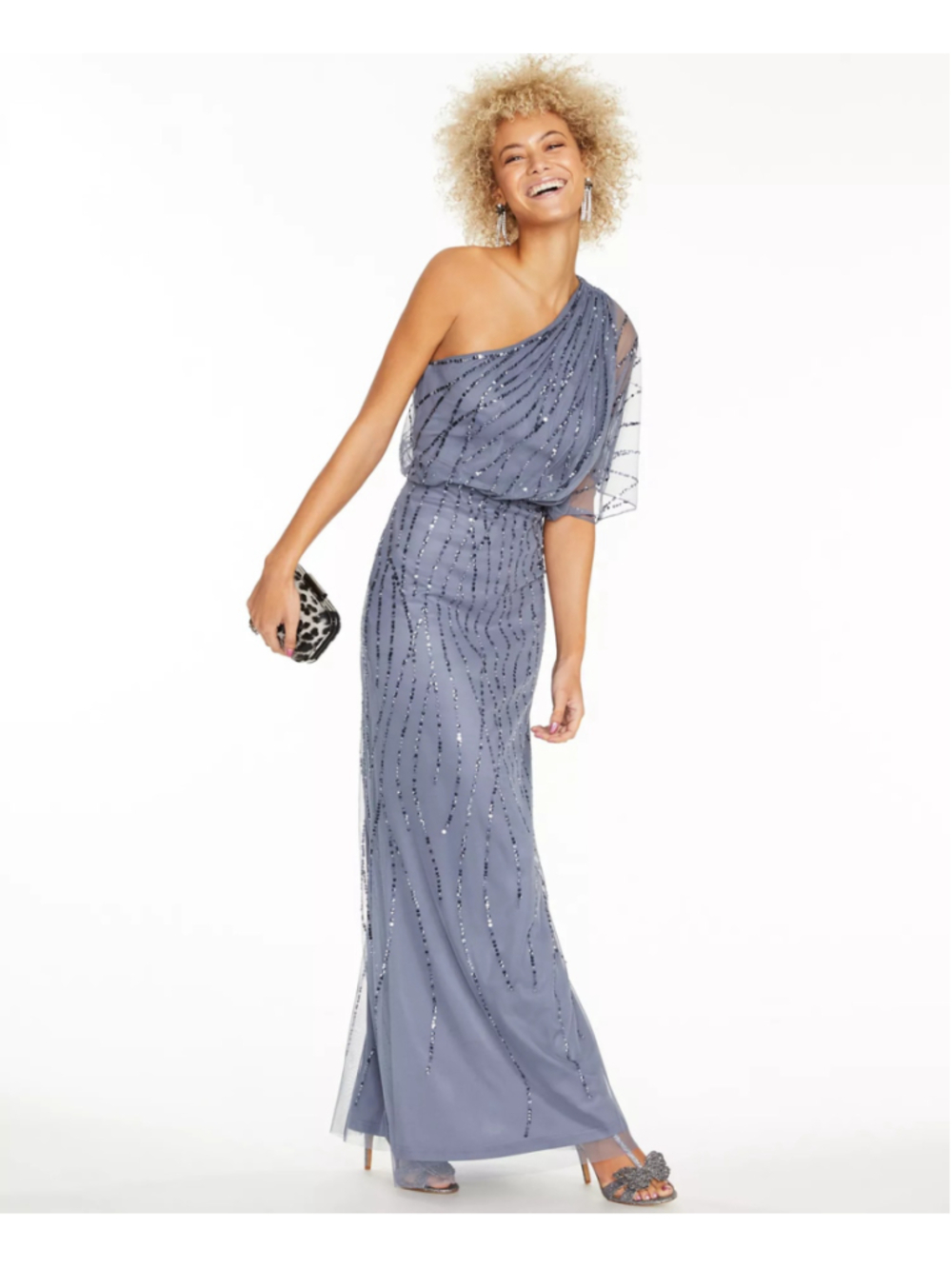 ✨ Adrianna Papell Draped One-Shoulder Dress Sequin Detail Dusty Blue Size 8 NWT